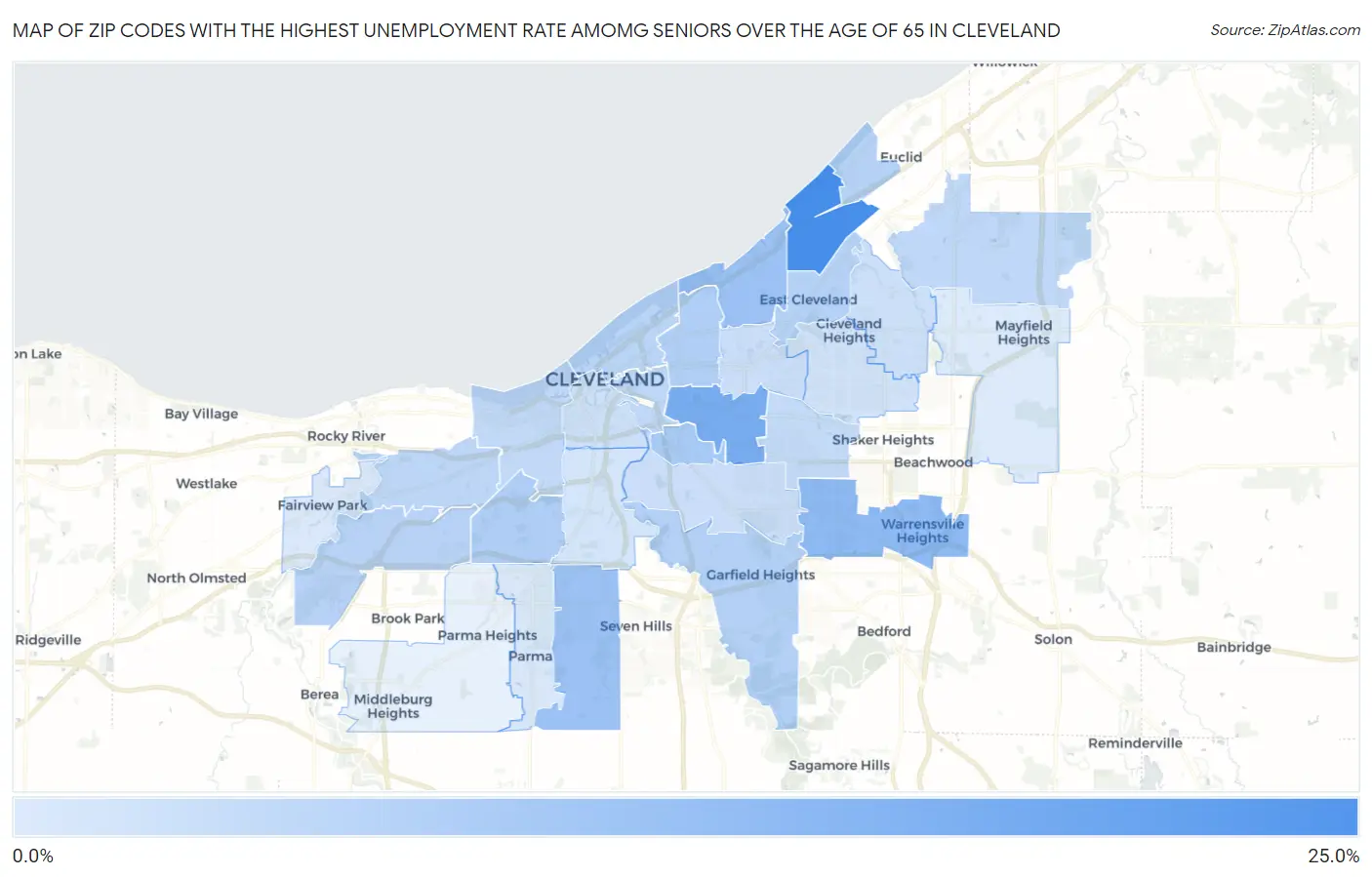 Zip Codes with the Highest Unemployment Rate Amomg Seniors Over the Age of 65 in Cleveland Map