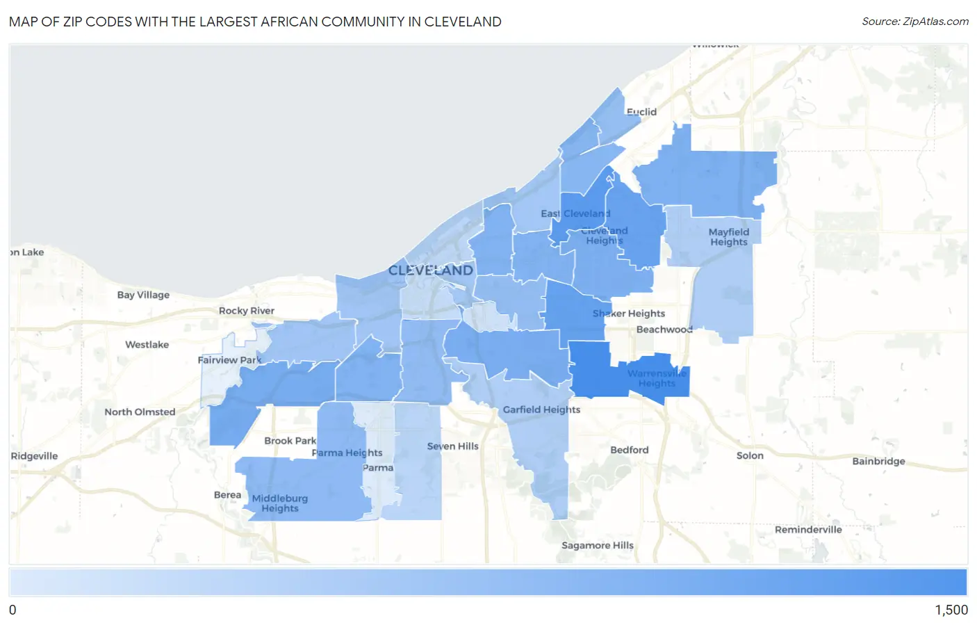 Zip Codes with the Largest African Community in Cleveland Map