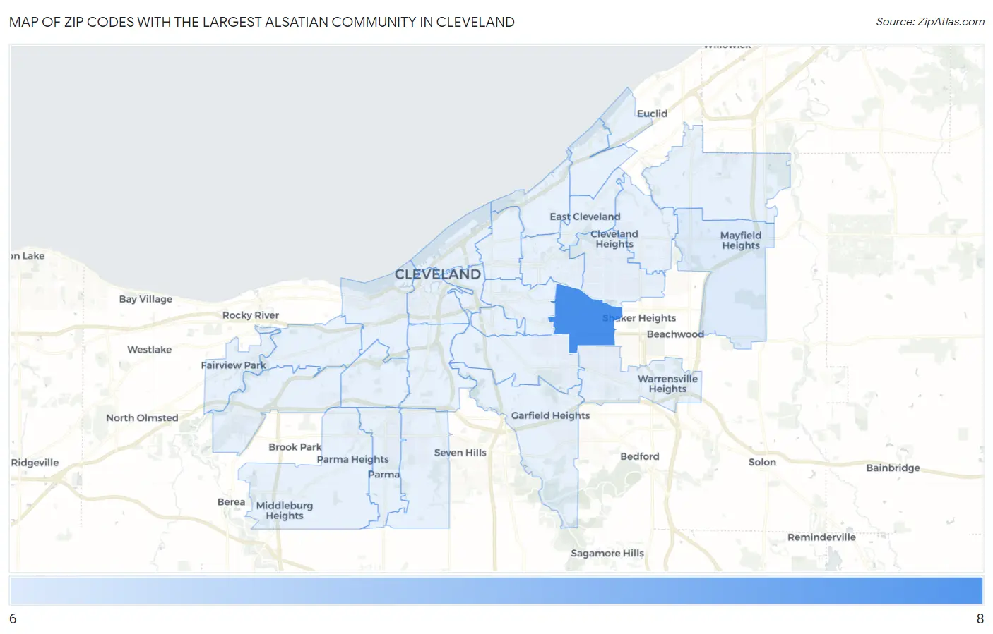 Zip Codes with the Largest Alsatian Community in Cleveland Map