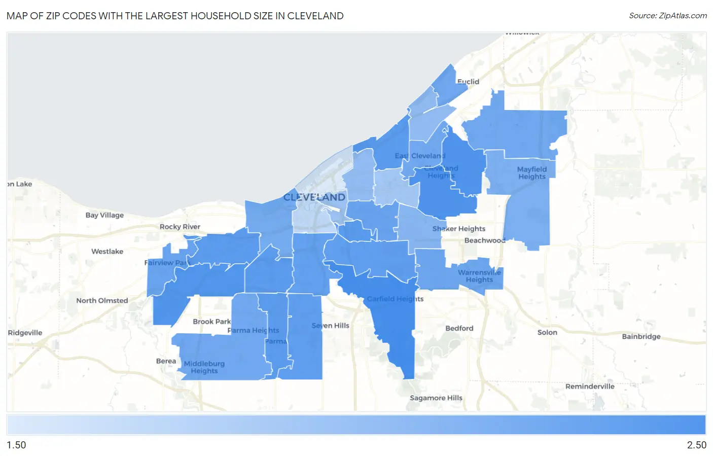 Zip Codes with the Largest Household Size in Cleveland Map