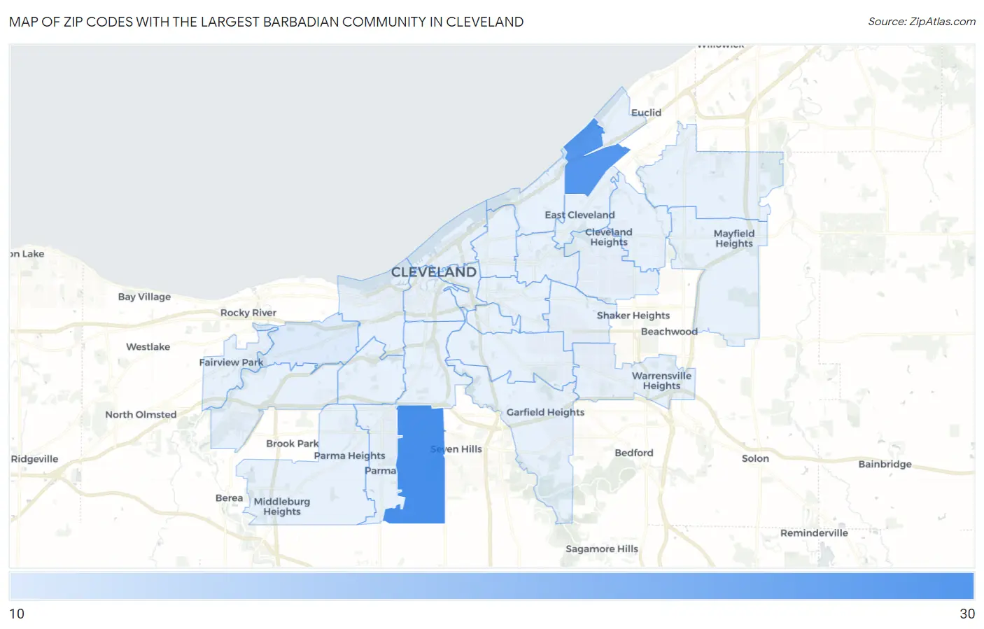Zip Codes with the Largest Barbadian Community in Cleveland Map