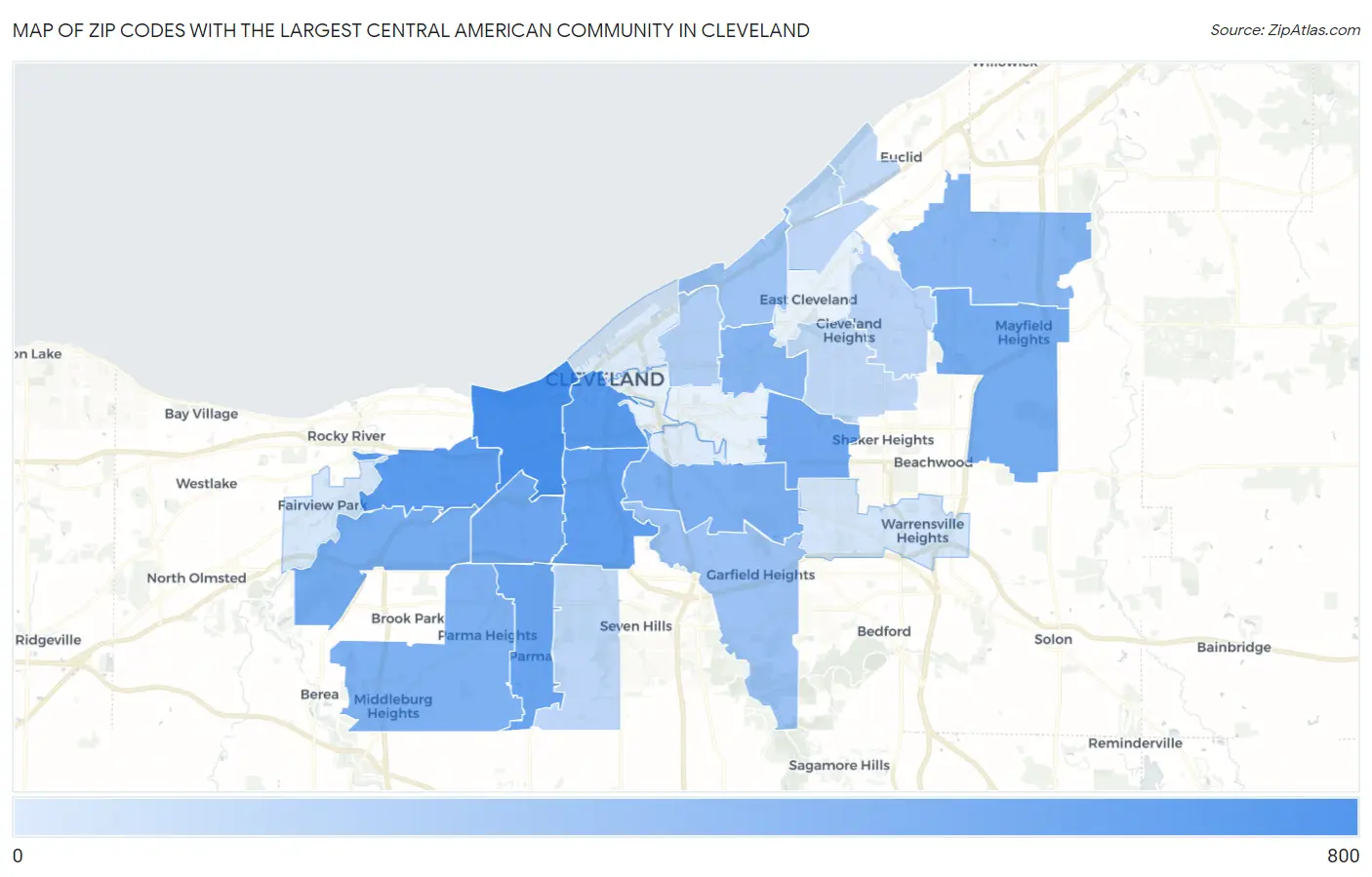 Zip Codes with the Largest Central American Community in Cleveland Map