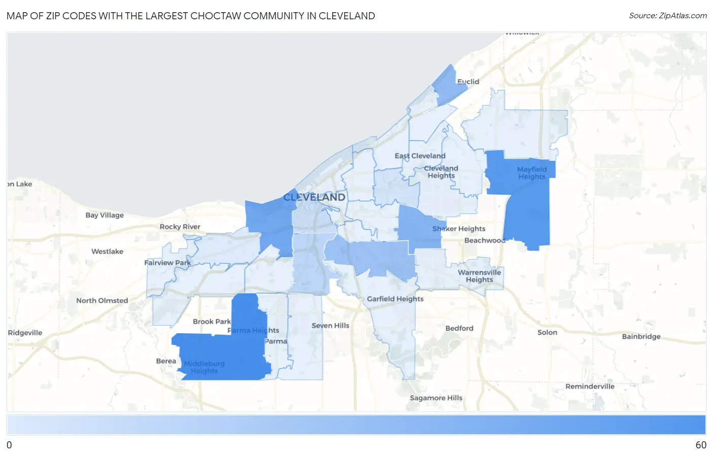 Zip Codes with the Largest Choctaw Community in Cleveland Map