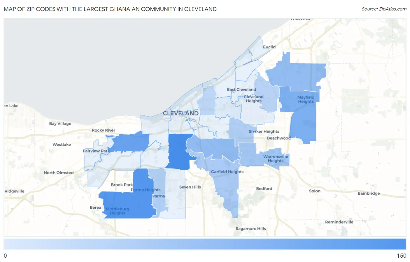 Zip Codes with the Largest Ghanaian Community in Cleveland Map