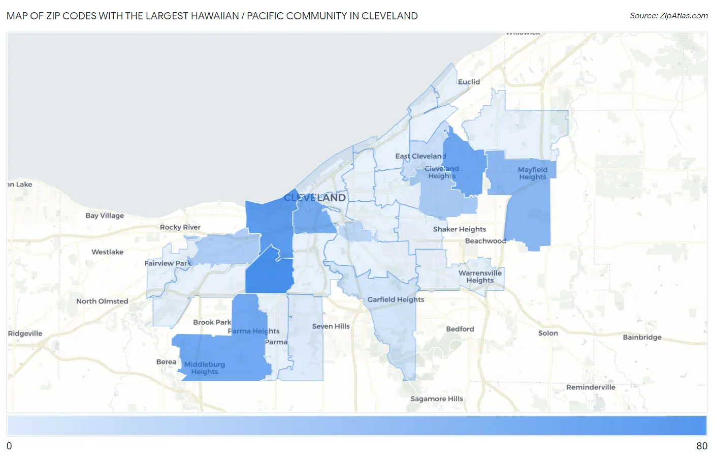 Zip Codes with the Largest Hawaiian / Pacific Community in Cleveland Map