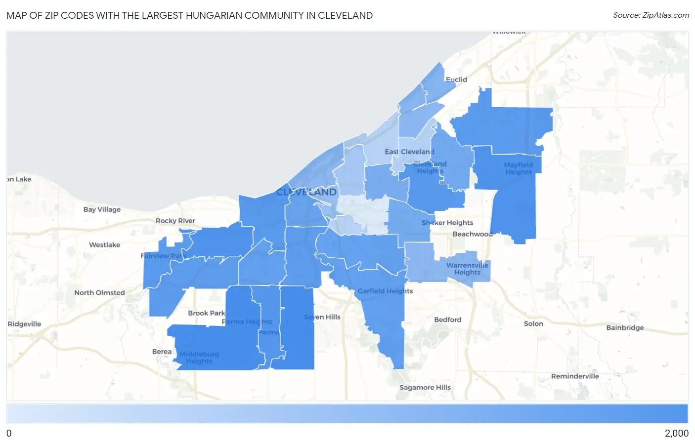 Zip Codes with the Largest Hungarian Community in Cleveland Map