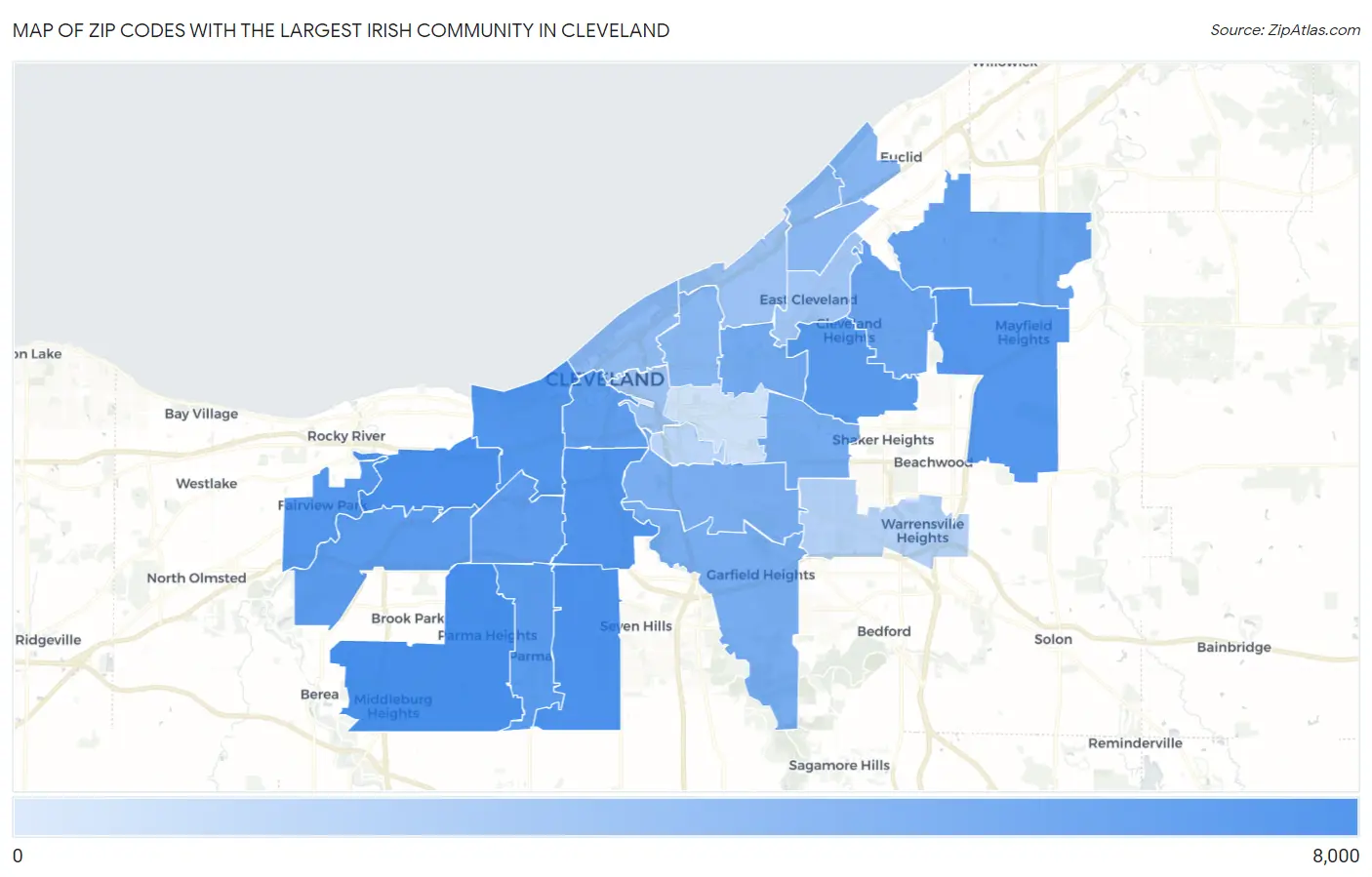 Zip Codes with the Largest Irish Community in Cleveland Map