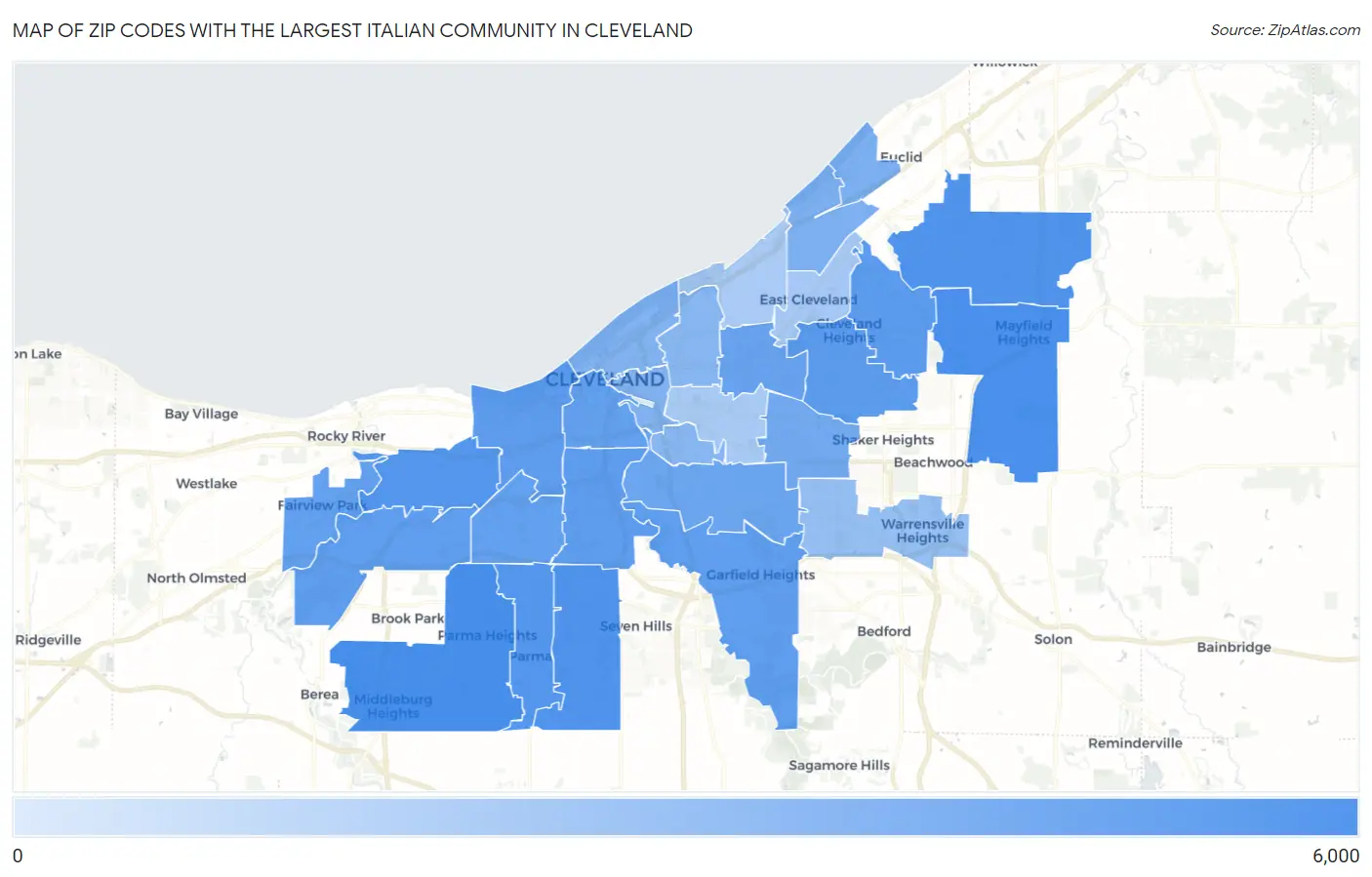 Zip Codes with the Largest Italian Community in Cleveland Map