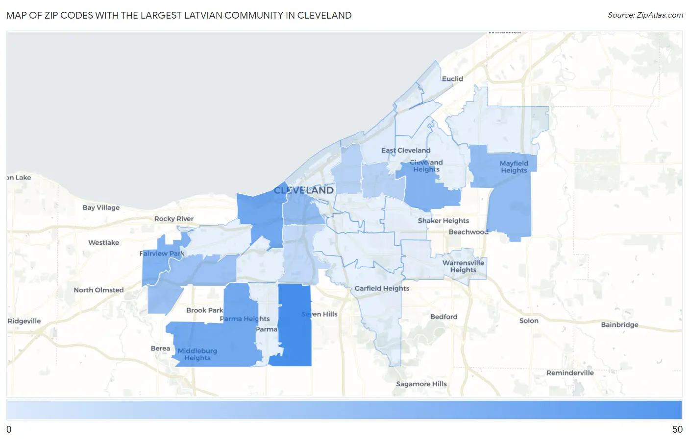 Zip Codes with the Largest Latvian Community in Cleveland Map