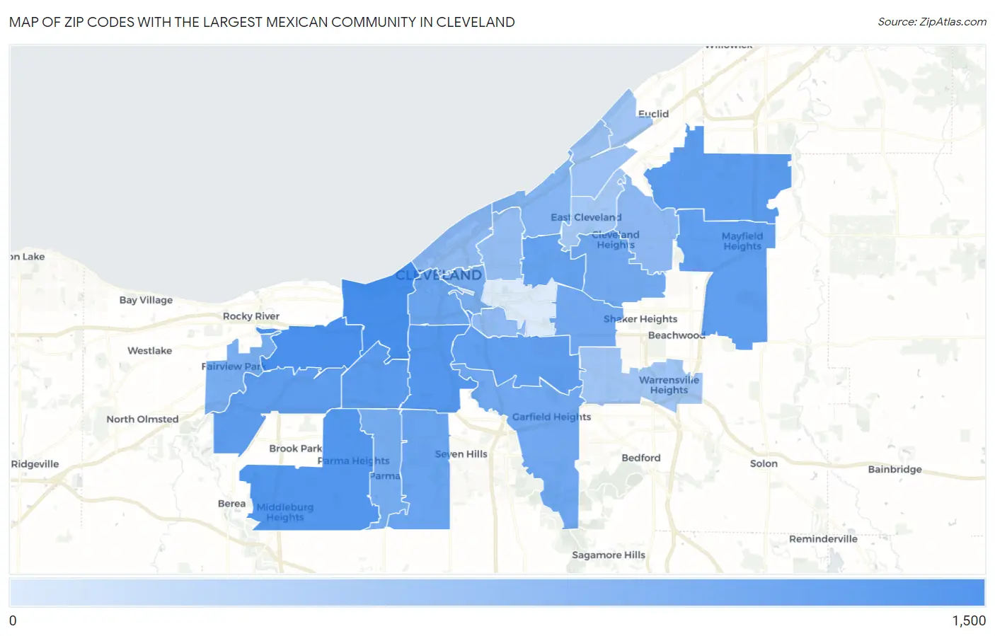 Zip Codes with the Largest Mexican Community in Cleveland Map