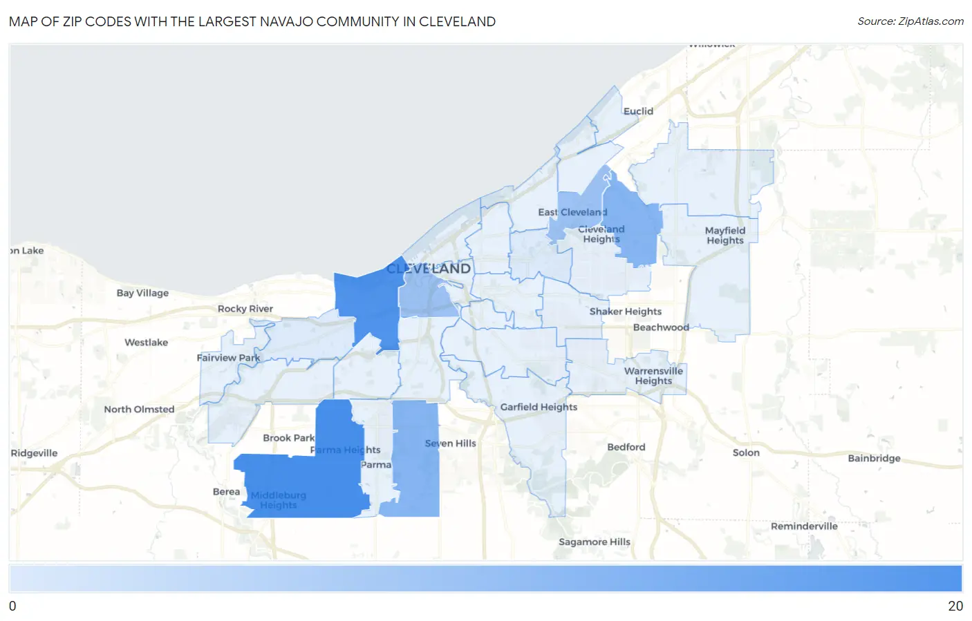 Zip Codes with the Largest Navajo Community in Cleveland Map