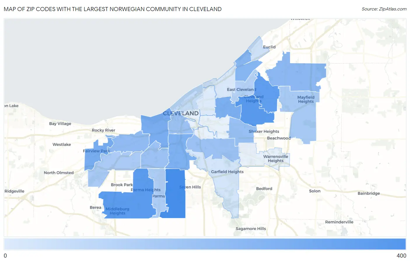 Zip Codes with the Largest Norwegian Community in Cleveland Map