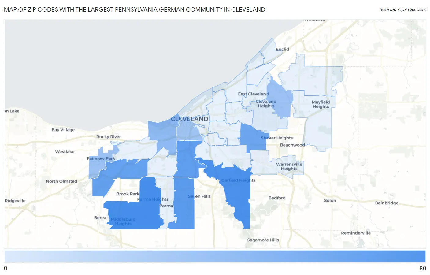 Zip Codes with the Largest Pennsylvania German Community in Cleveland Map