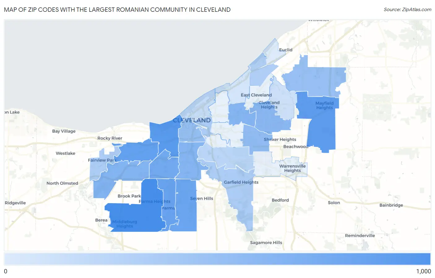 Zip Codes with the Largest Romanian Community in Cleveland Map