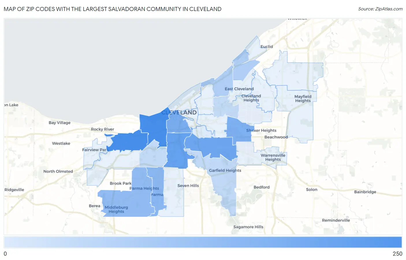 Zip Codes with the Largest Salvadoran Community in Cleveland Map