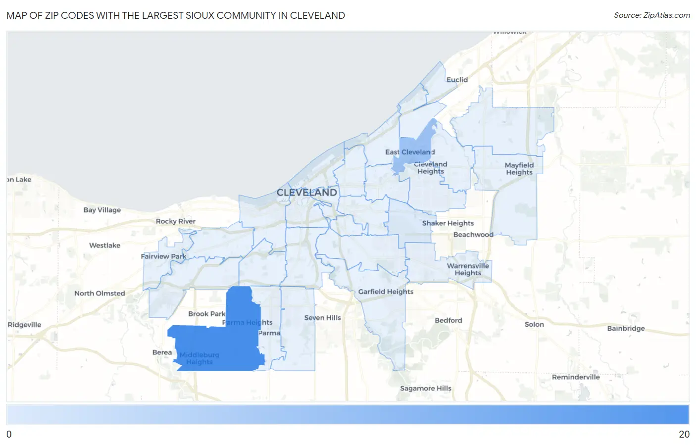Zip Codes with the Largest Sioux Community in Cleveland Map