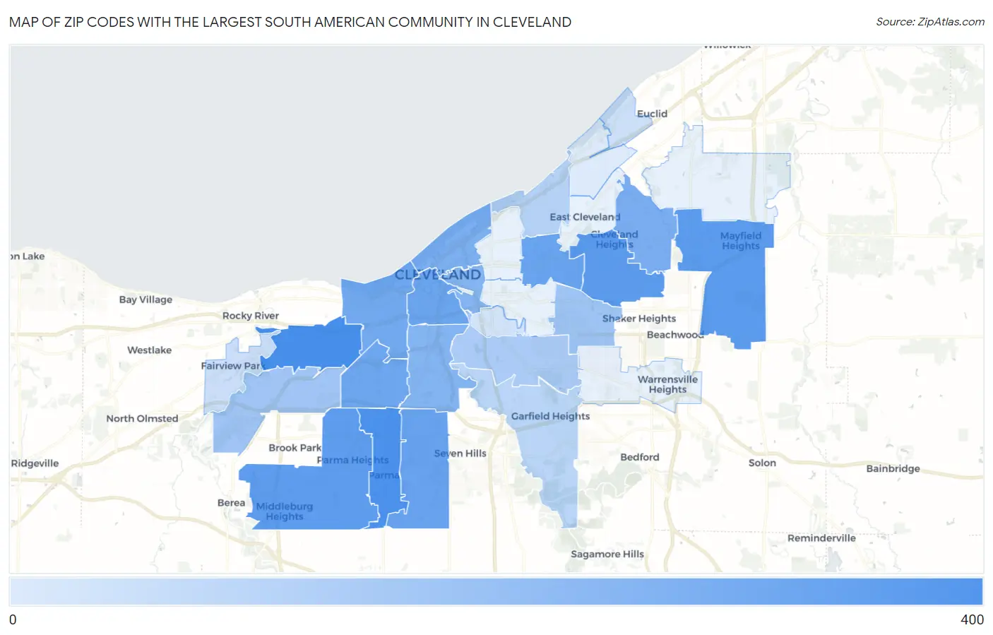 Zip Codes with the Largest South American Community in Cleveland Map