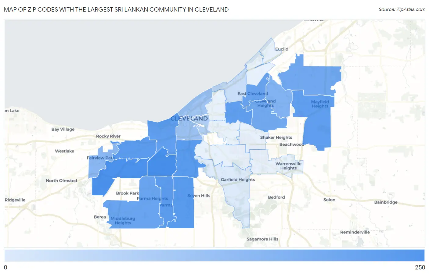 Zip Codes with the Largest Sri Lankan Community in Cleveland Map