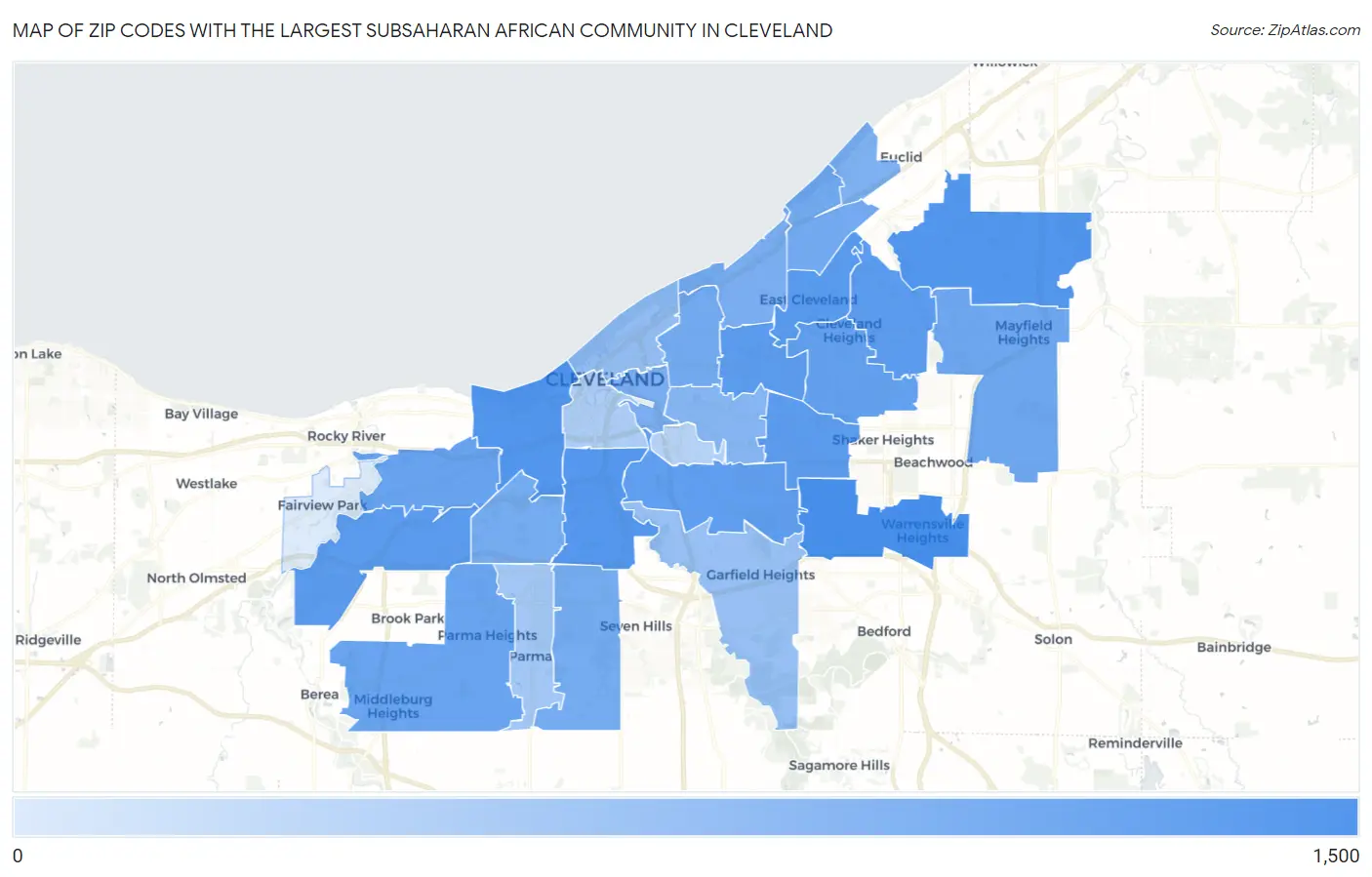 Zip Codes with the Largest Subsaharan African Community in Cleveland Map