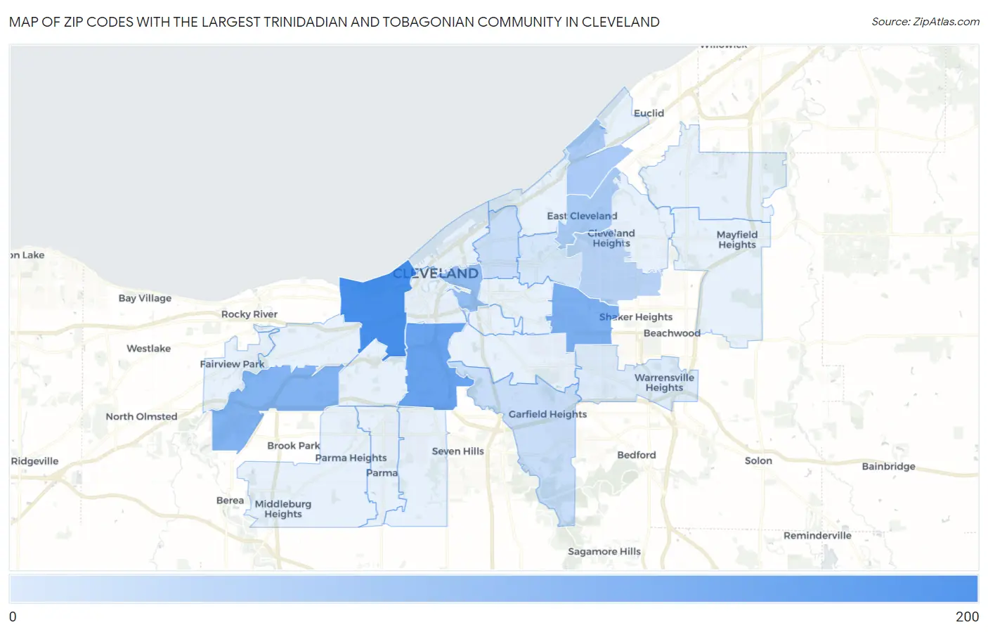 Zip Codes with the Largest Trinidadian and Tobagonian Community in Cleveland Map