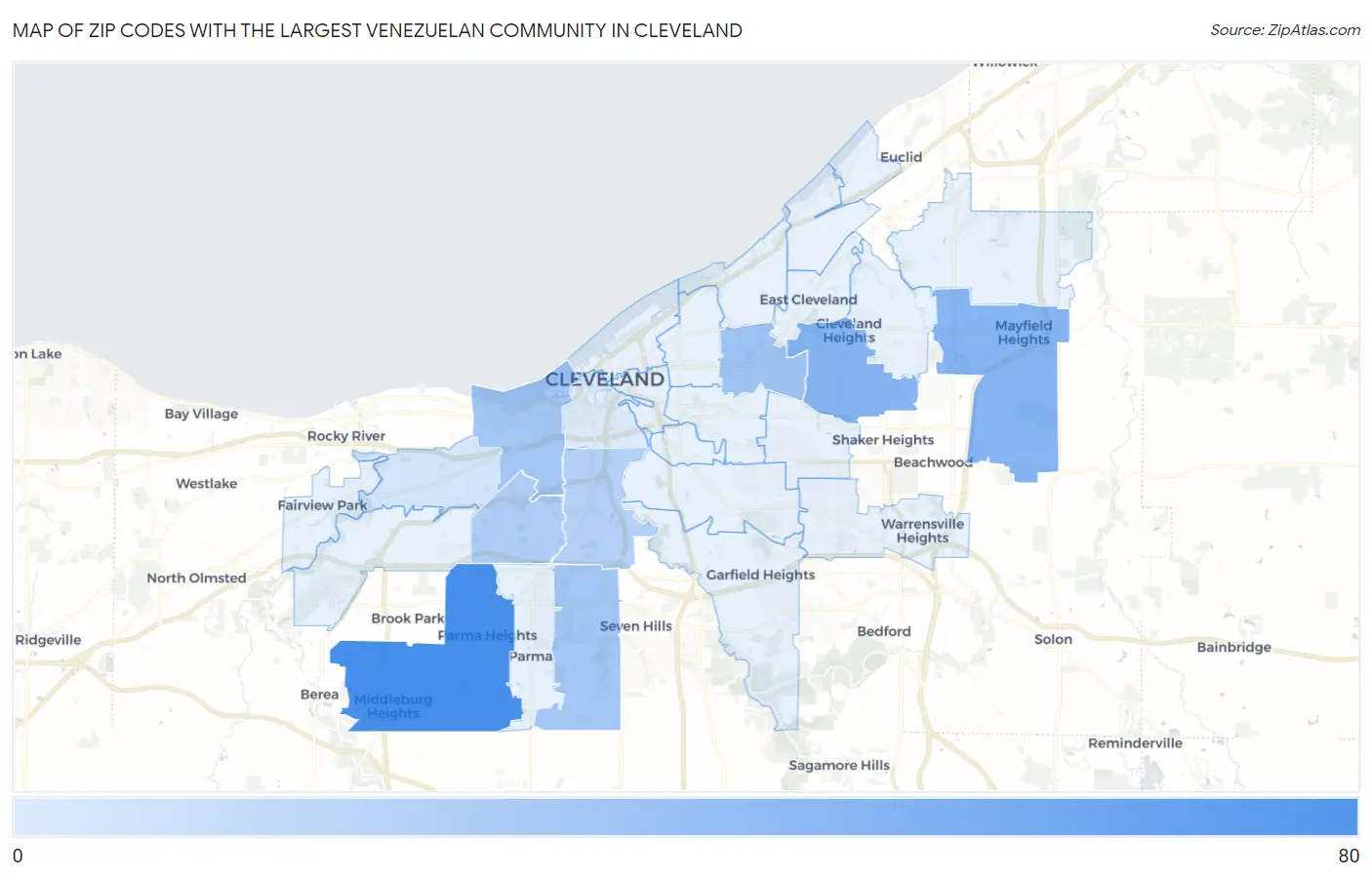 Zip Codes with the Largest Venezuelan Community in Cleveland Map