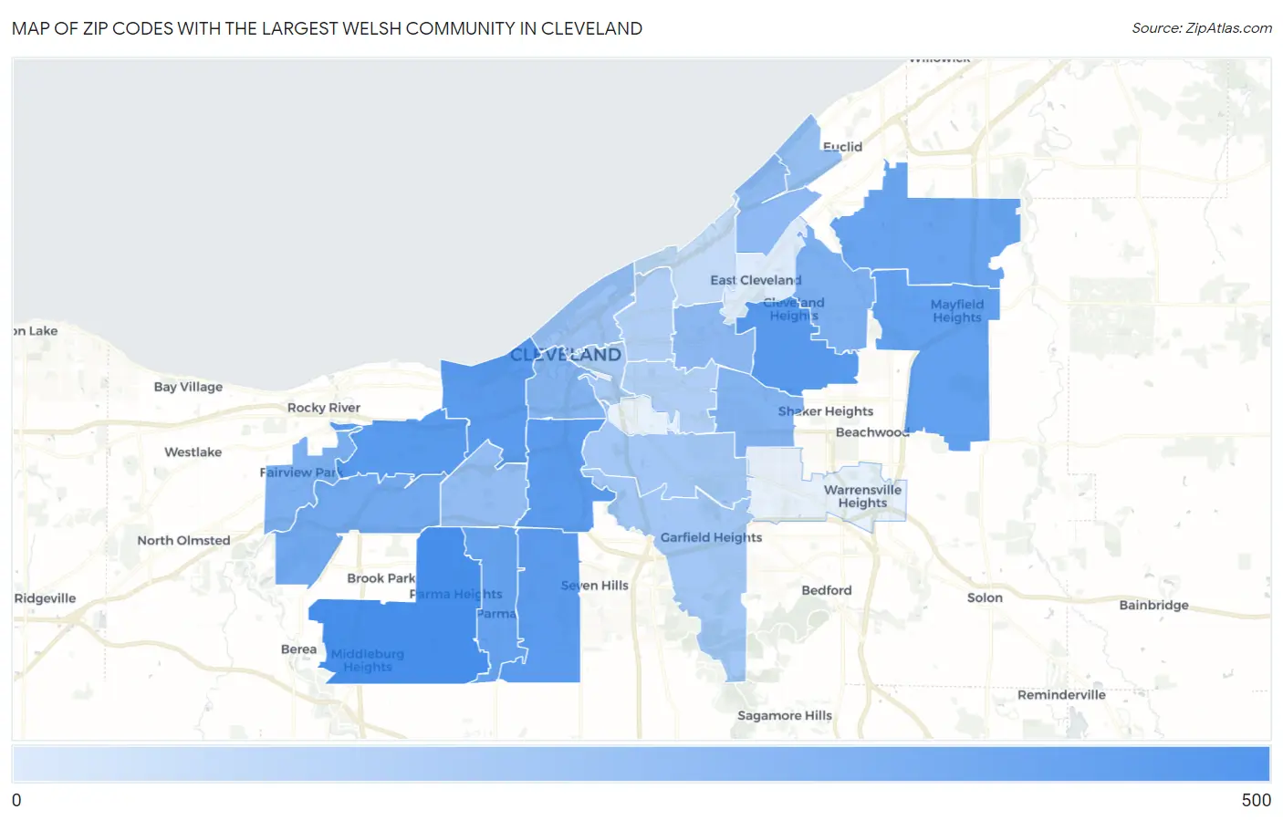 Zip Codes with the Largest Welsh Community in Cleveland Map