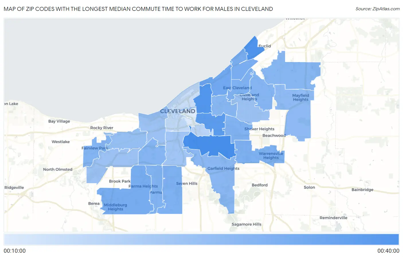 Zip Codes with the Longest Median Commute Time to Work for Males in Cleveland Map