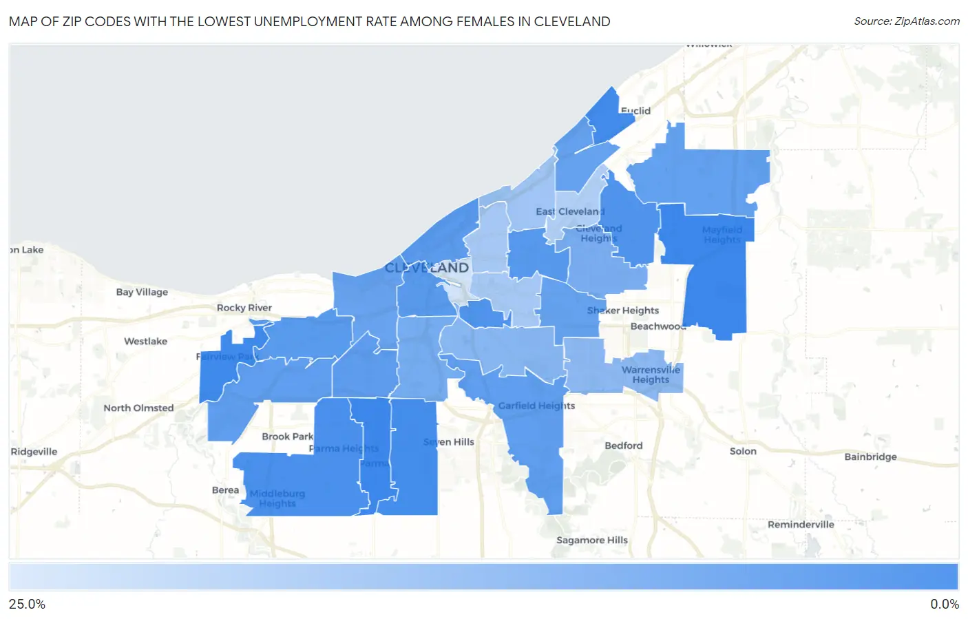 Zip Codes with the Lowest Unemployment Rate Among Females in Cleveland Map