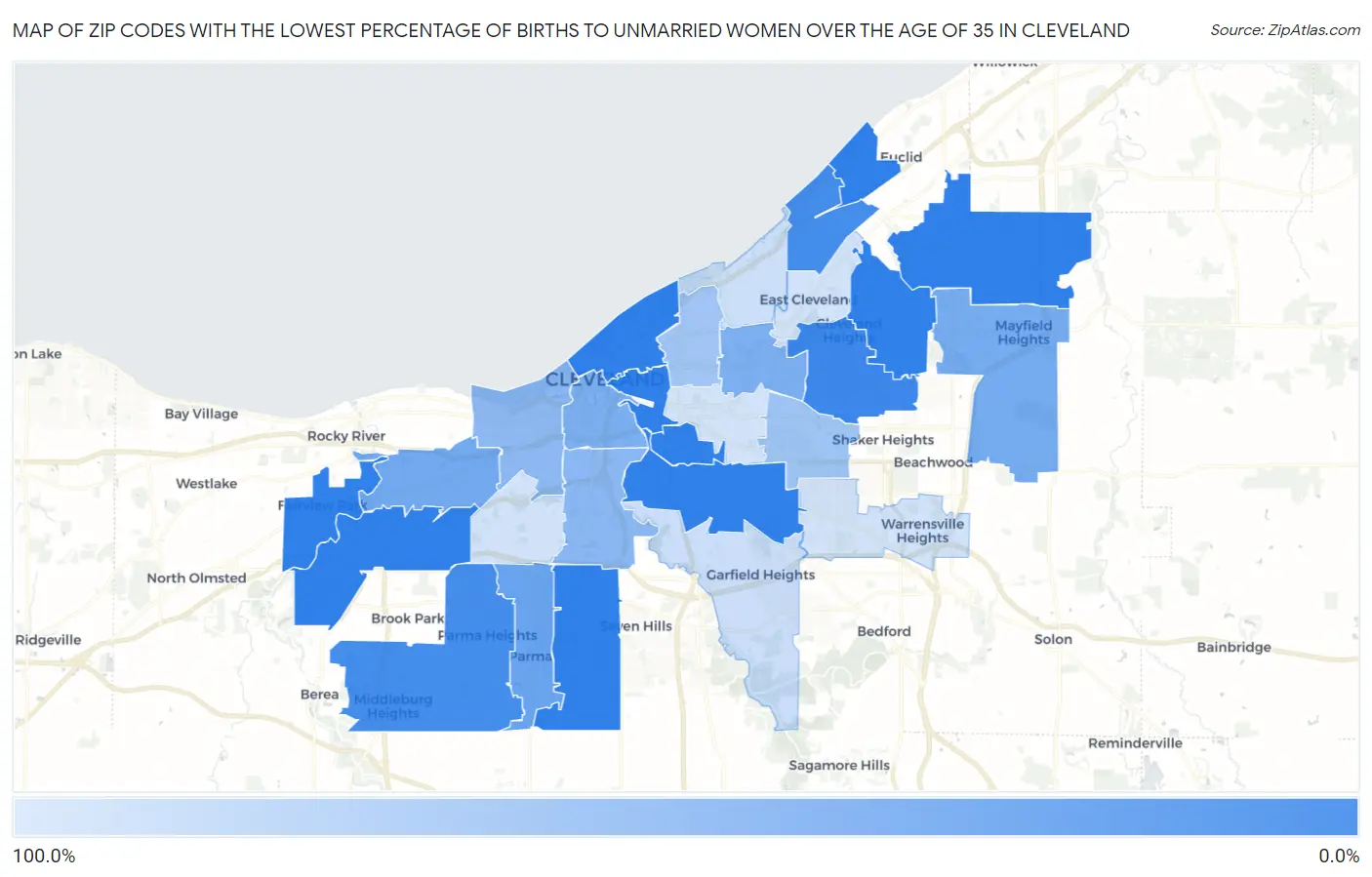 Zip Codes with the Lowest Percentage of Births to Unmarried Women over the Age of 35 in Cleveland Map