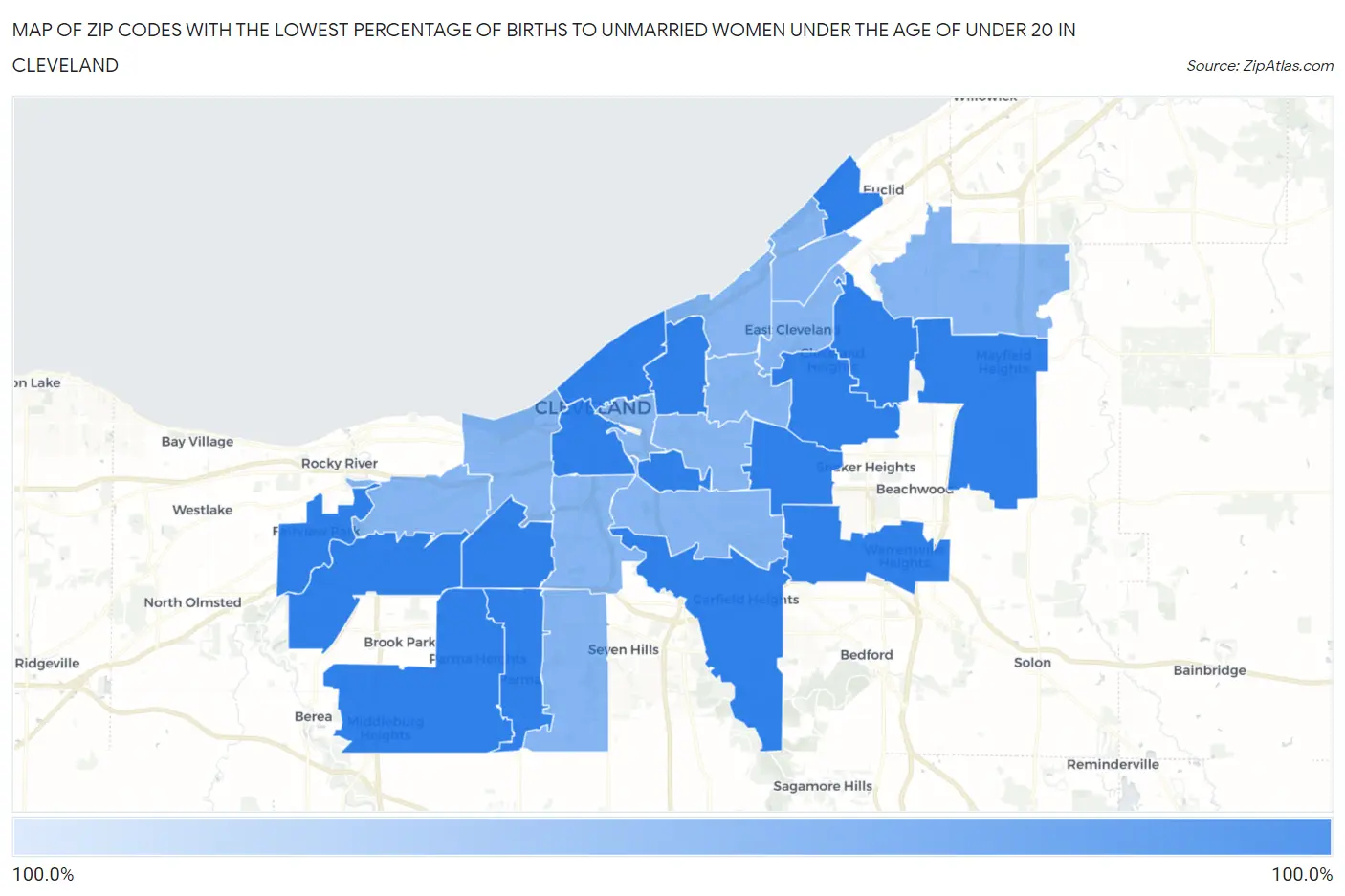 Zip Codes with the Lowest Percentage of Births to Unmarried Women under the Age of under 20 in Cleveland Map
