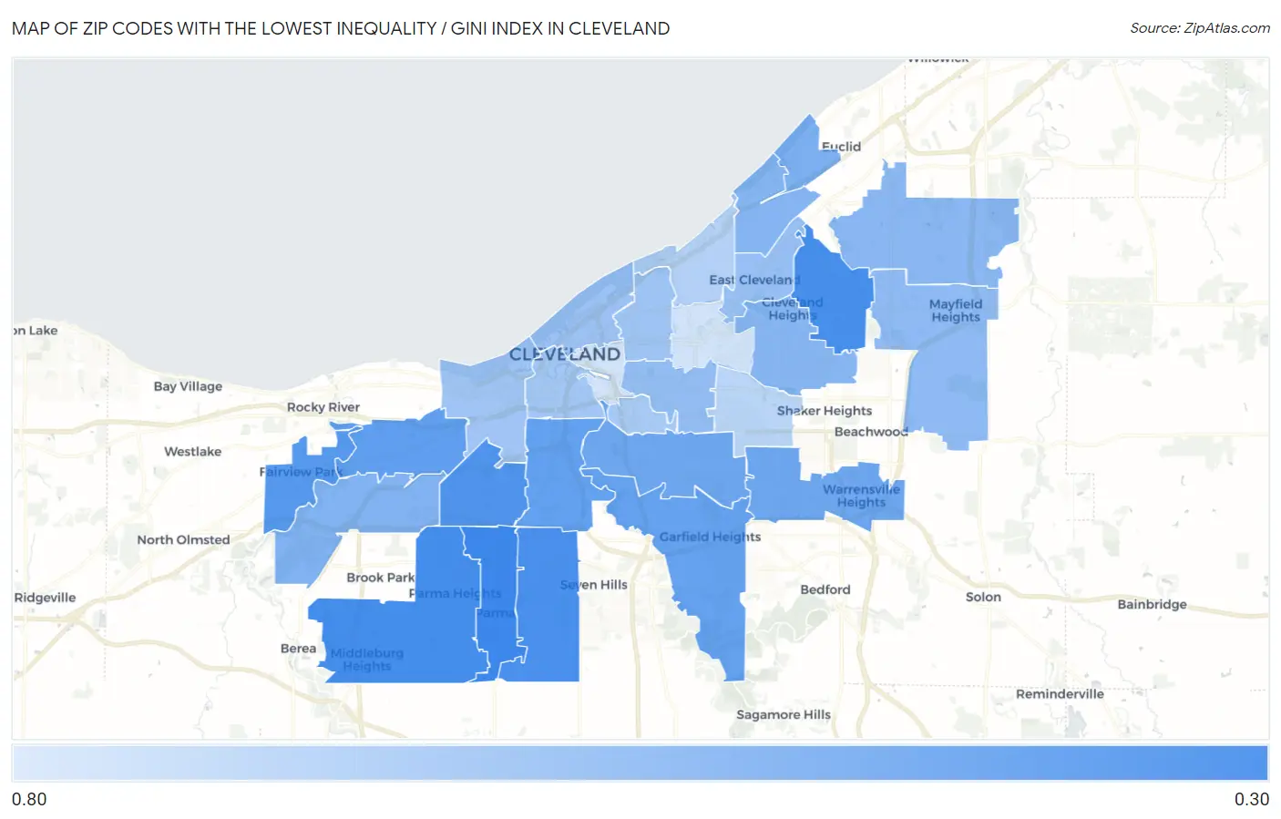 Zip Codes with the Lowest Inequality / Gini Index in Cleveland Map