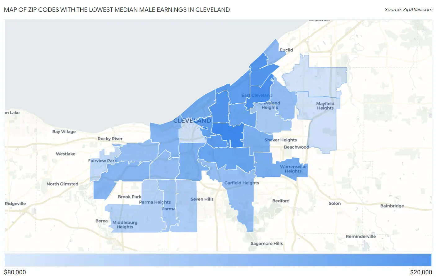 Zip Codes with the Lowest Median Male Earnings in Cleveland Map