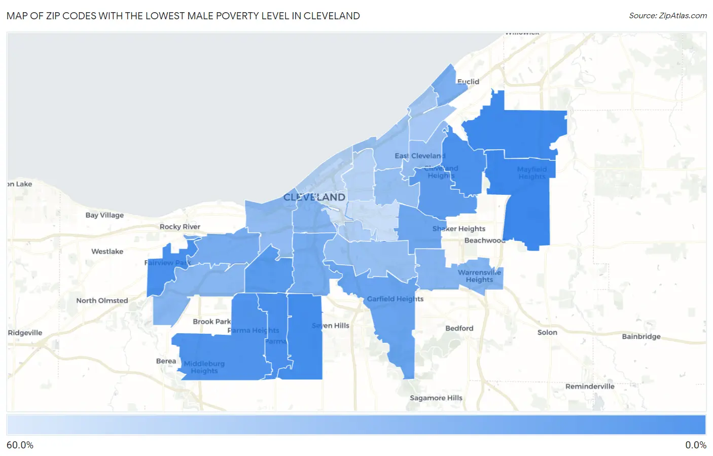 Zip Codes with the Lowest Male Poverty Level in Cleveland Map