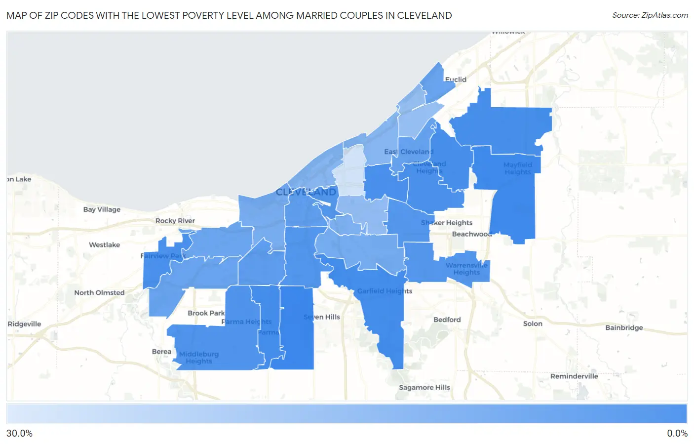 Zip Codes with the Lowest Poverty Level Among Married Couples in Cleveland Map