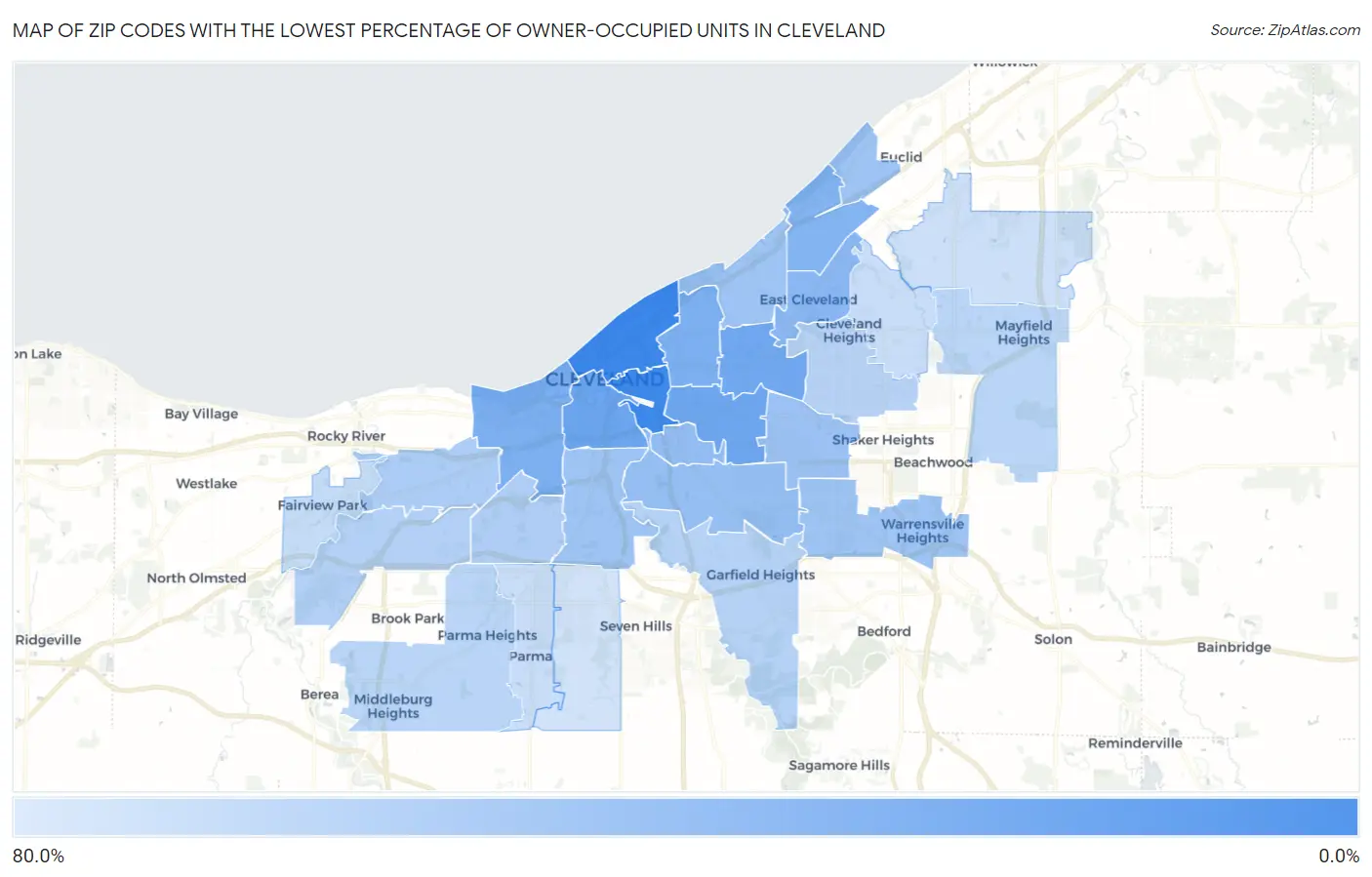 Zip Codes with the Lowest Percentage of Owner-Occupied Units in Cleveland Map