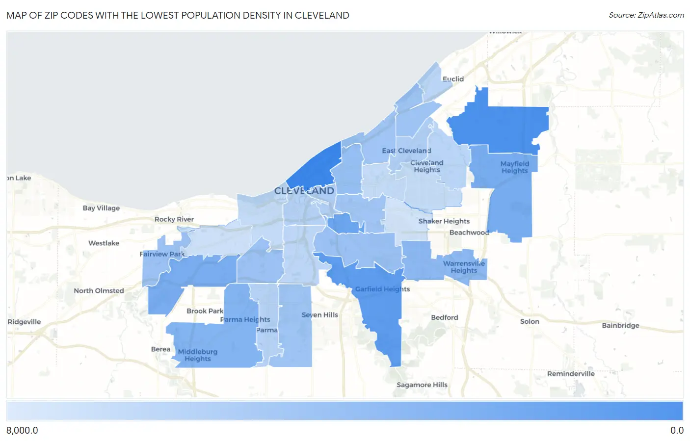 Zip Codes with the Lowest Population Density in Cleveland Map