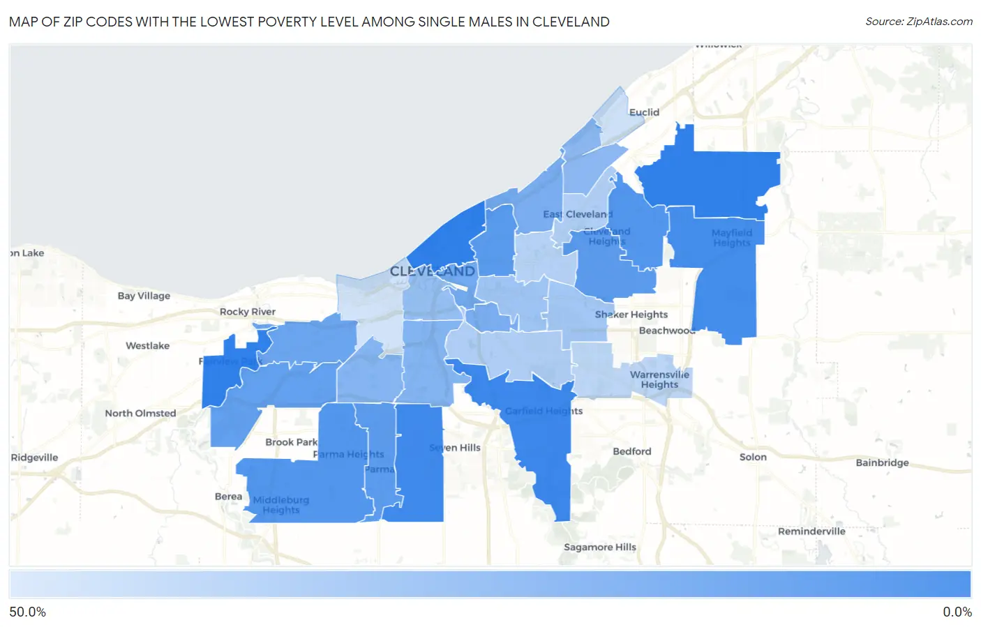 Zip Codes with the Lowest Poverty Level Among Single Males in Cleveland Map
