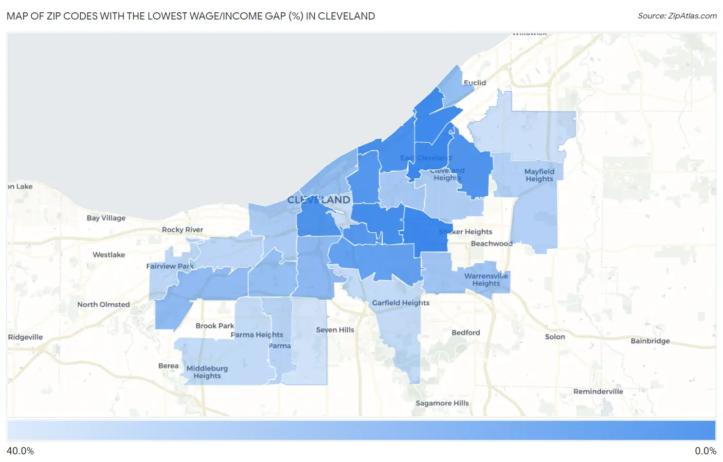 Zip Codes with the Lowest Wage/Income Gap (%) in Cleveland Map