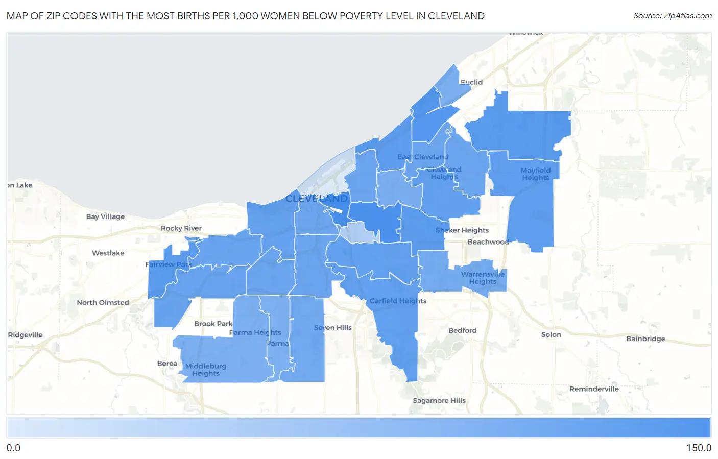 Zip Codes with the Most Births per 1,000 Women Below Poverty Level in Cleveland Map