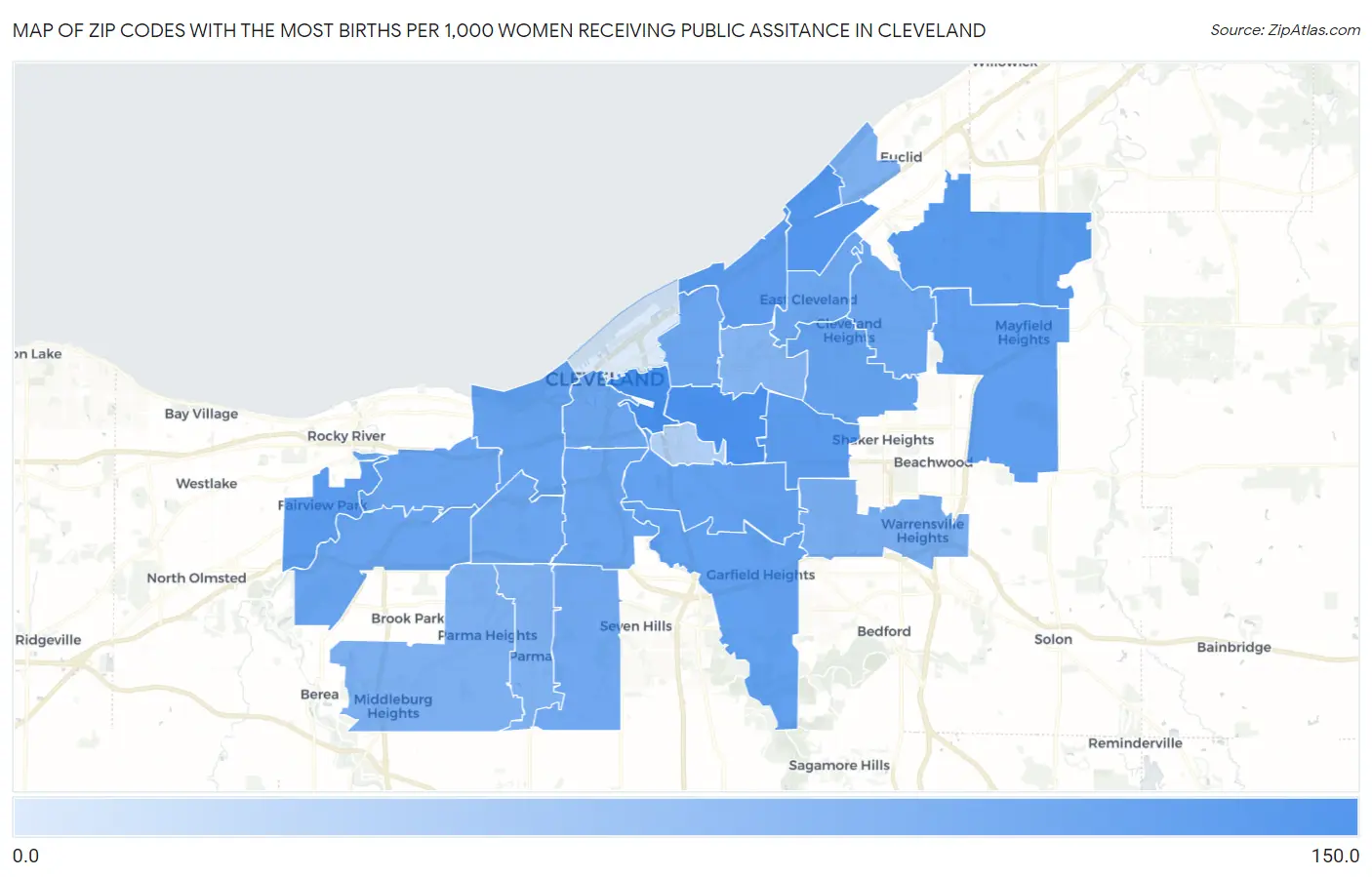 Zip Codes with the Most Births per 1,000 Women Receiving Public Assitance in Cleveland Map