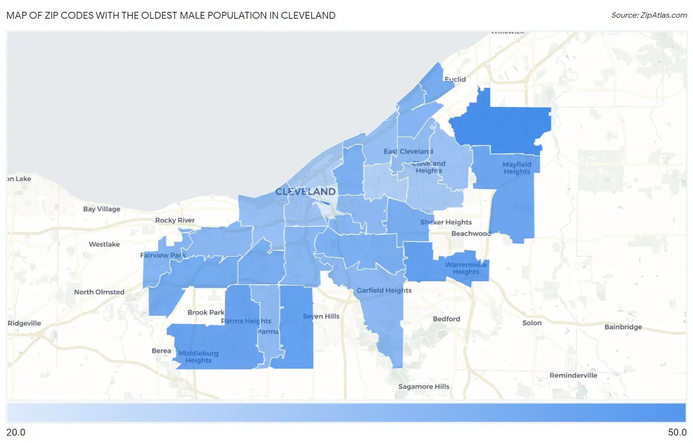 Zip Codes with the Oldest Male Population in Cleveland Map