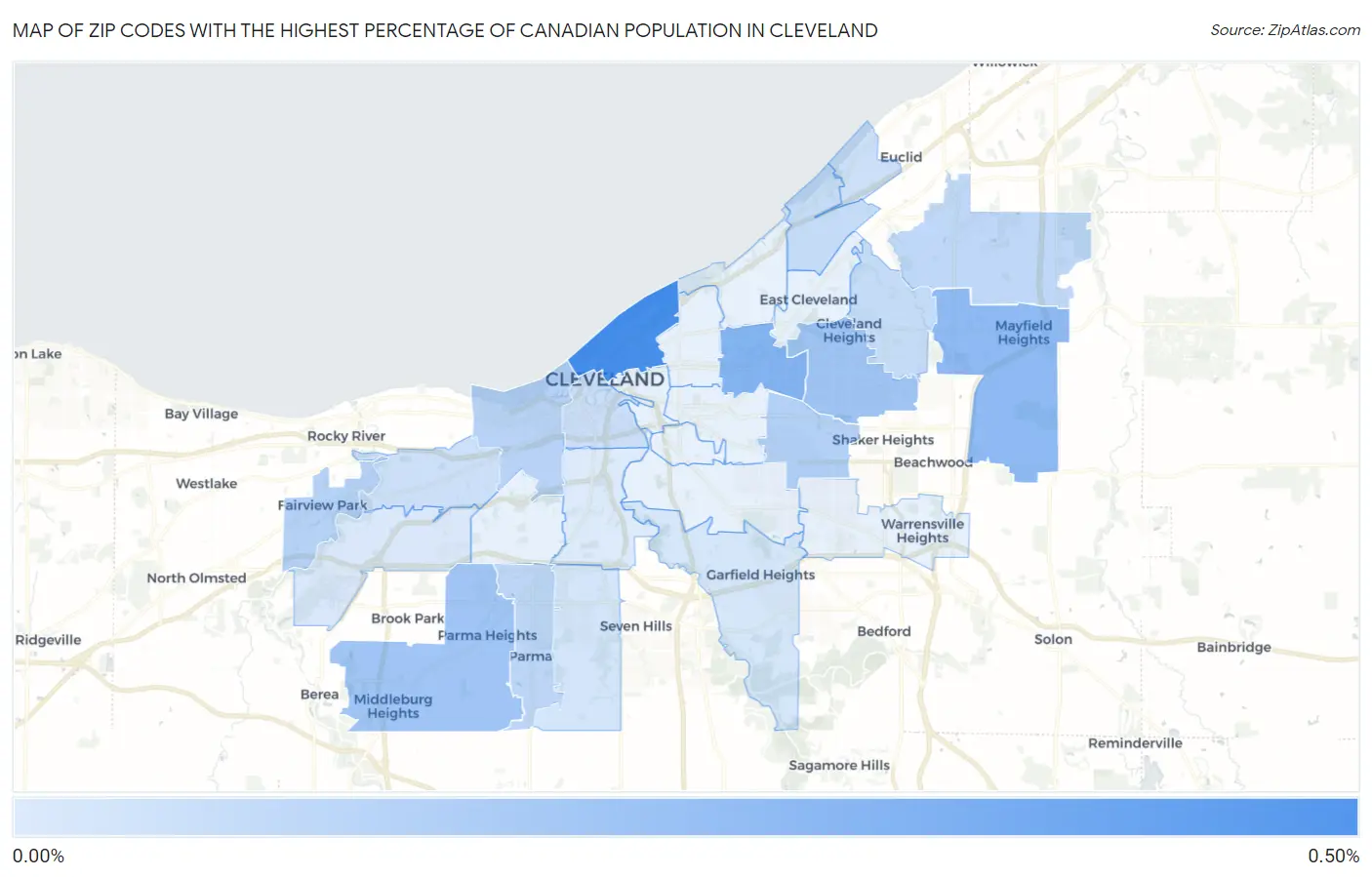 Zip Codes with the Highest Percentage of Canadian Population in Cleveland Map