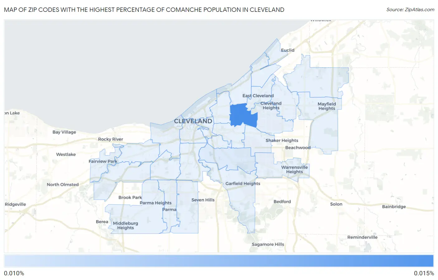 Zip Codes with the Highest Percentage of Comanche Population in Cleveland Map