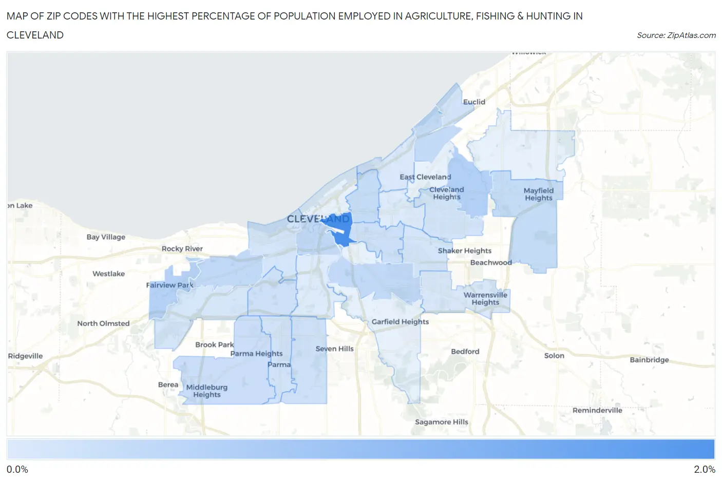 Zip Codes with the Highest Percentage of Population Employed in Agriculture, Fishing & Hunting in Cleveland Map