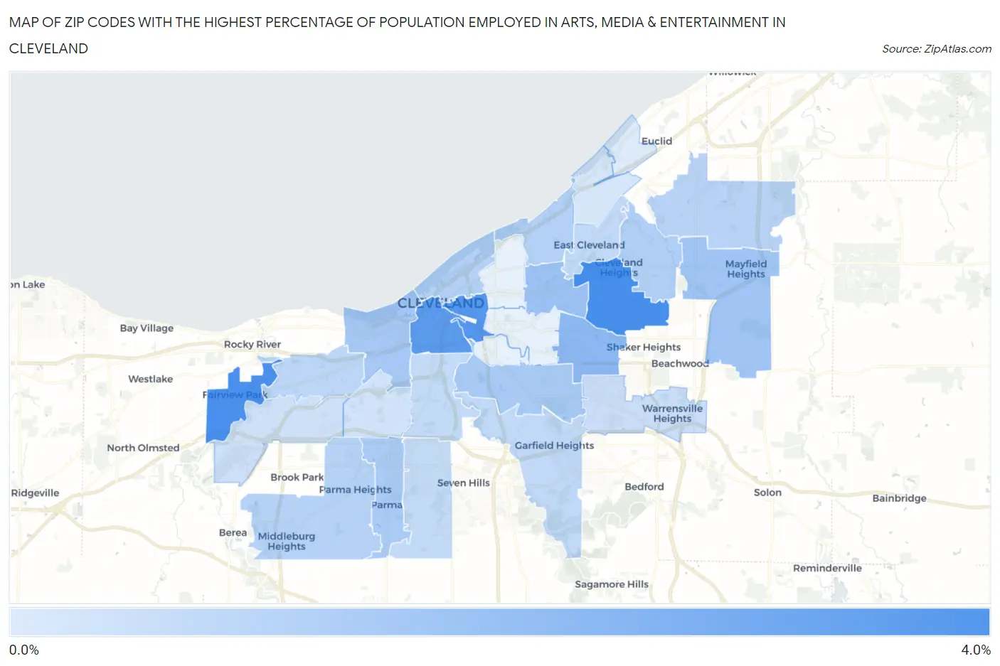 Zip Codes with the Highest Percentage of Population Employed in Arts, Media & Entertainment in Cleveland Map