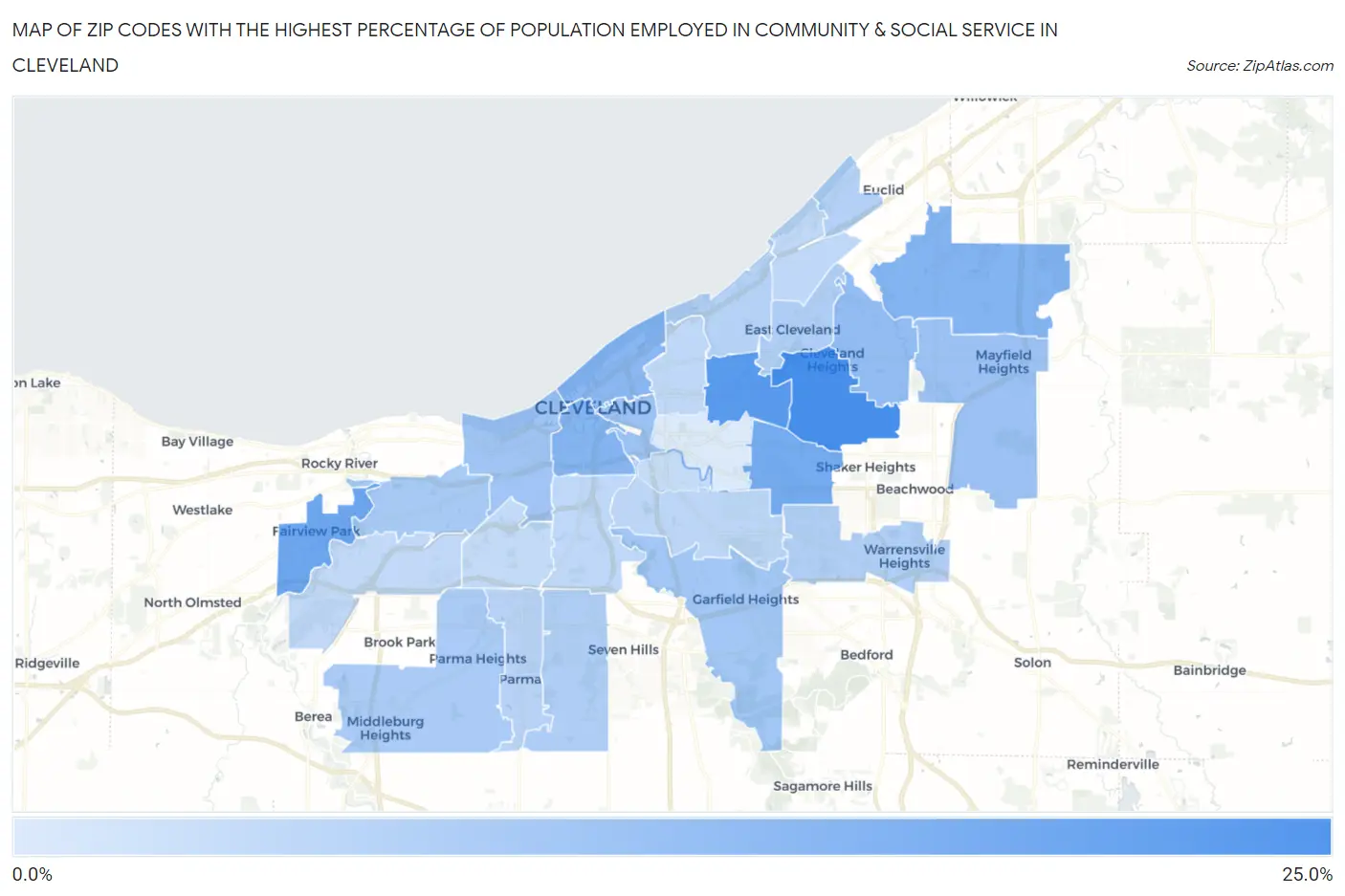 Zip Codes with the Highest Percentage of Population Employed in Community & Social Service  in Cleveland Map