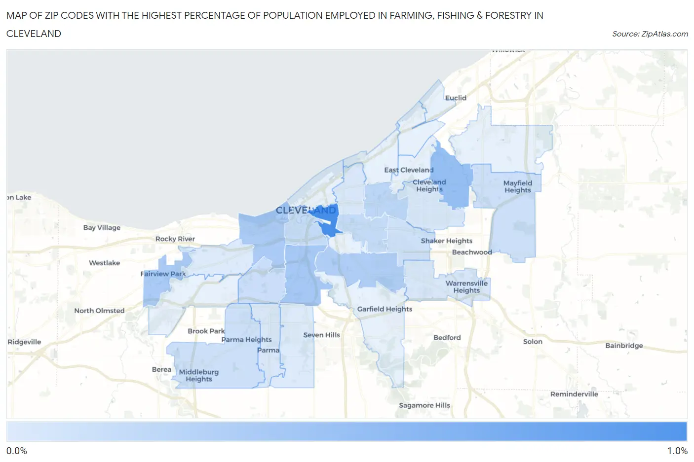 Zip Codes with the Highest Percentage of Population Employed in Farming, Fishing & Forestry in Cleveland Map
