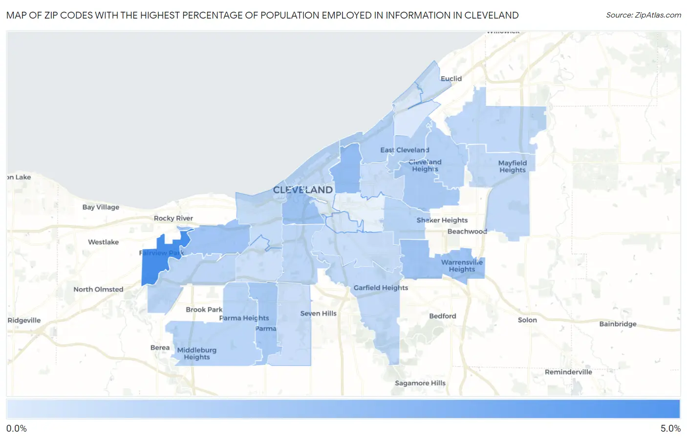 Zip Codes with the Highest Percentage of Population Employed in Information in Cleveland Map
