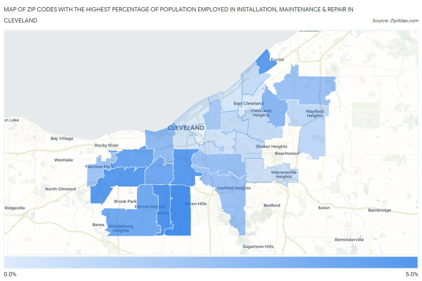 Zip Codes with the Highest Percentage of Population Employed in Installation, Maintenance & Repair in Cleveland Map