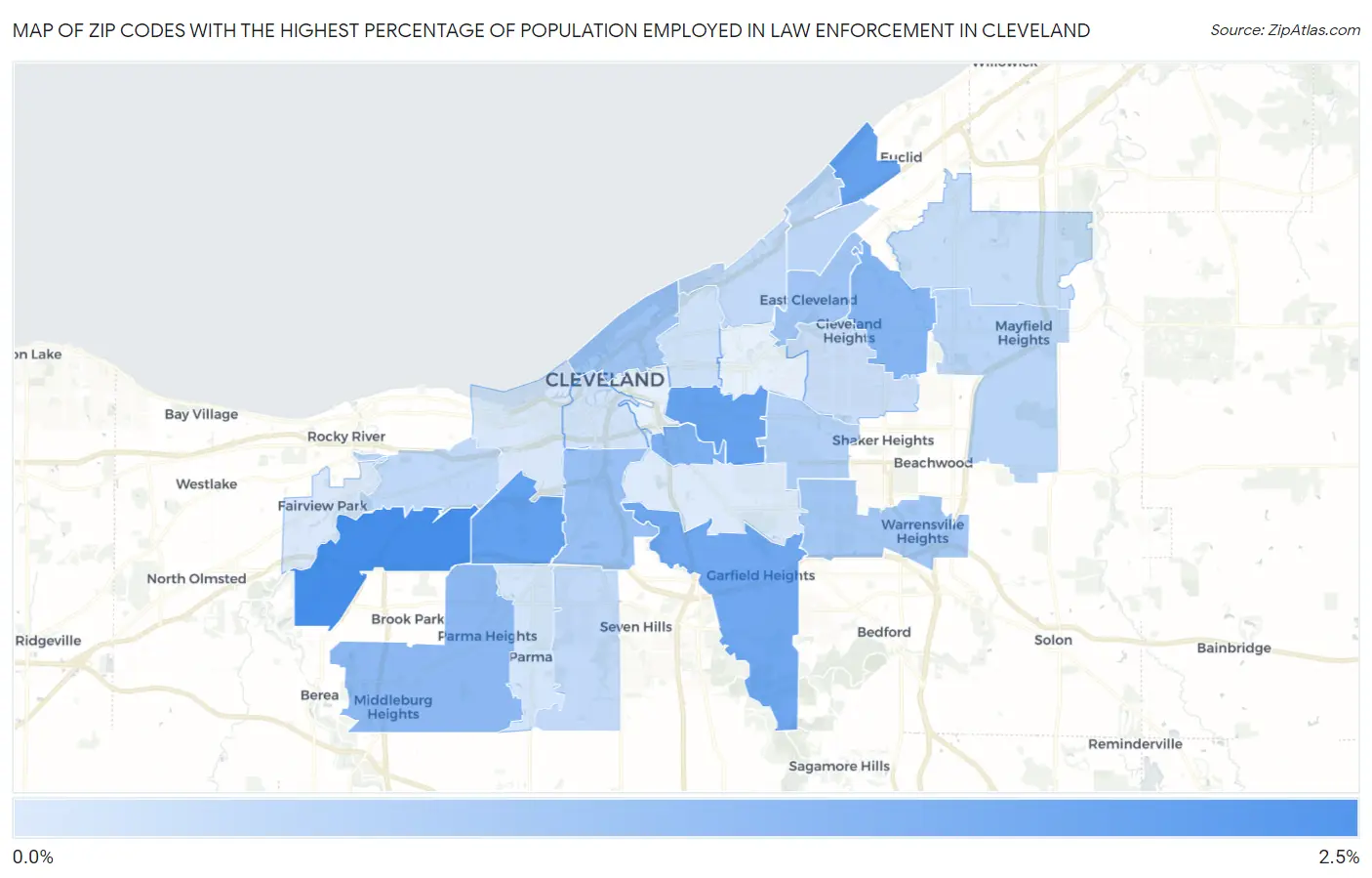 Zip Codes with the Highest Percentage of Population Employed in Law Enforcement in Cleveland Map